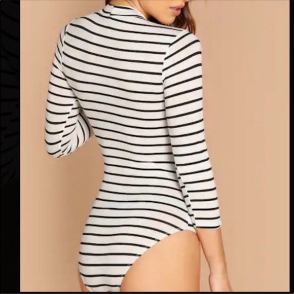 Black + White Slim Stripe Mock Neck Body Suit - Picture 6 of 7